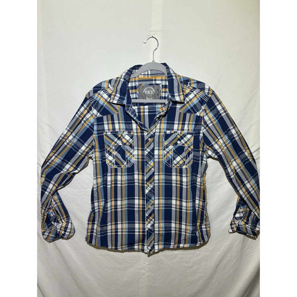 BKE Men's Large Slim Fit Blue Gray Plaid. Western Pearlsnap Longsleeve Cowboy